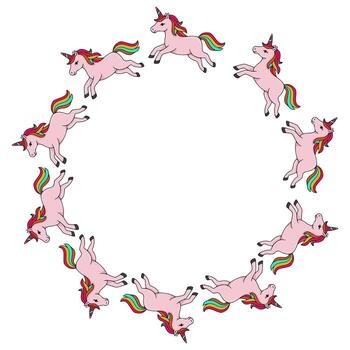 Whimsical frame of playful pink unicorns with rainbow manes and tails in dynamic poses, creating a magical circular composition. vector