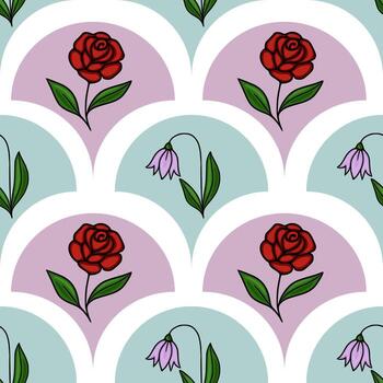 Seamless pattern featuring stylized red roses and delicate purple bellflowers against a backdrop of overlapping pastel arcs and white spaces. vector