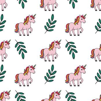 Seamless pattern featuring cute pink unicorns with rainbow manes and tails, interspersed with simple green leaf branches on a white background. vector