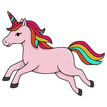 Playful pink unicorn with a rainbow mane and horn, captured in a dynamic running pose, perfect for whimsical illustrations. vector