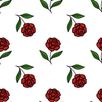 Seamless pattern of stylized red roses with green leaves on a white background, featuring bold outlines and a repeating motif for design applications. vector