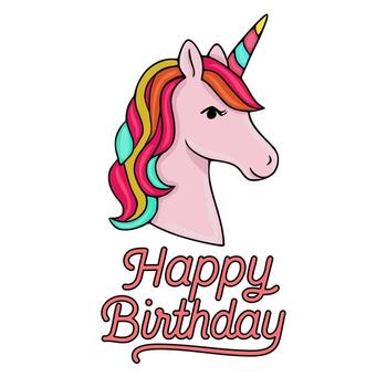 caprichoso ilustración de un rosado unicornio cabeza con un arco iris melena y bocina, acompañado por contento cumpleaños texto en un guión fuente. vector