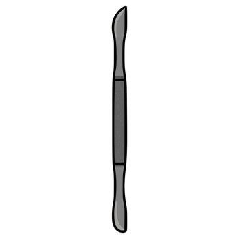 Stylized illustration of a cuticle pusher tool with a curved blade and a textured handle, isolated on a white background. vector