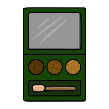 A minimalist illustration of a dark green eyeshadow palette with three shimmering brown shades and a dual-ended applicator. vector
