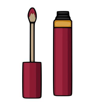 A illustration of a deep red liquid lipstick tube and its applicator, showcasing a rich berry shade with a textured applicator tip. vector