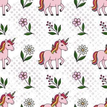 Seamless pattern featuring whimsical pink unicorns with rainbow manes and tails, interspersed with delicate flowers and berry branches on a textured light background. vector