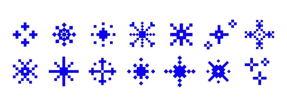 resumen geométrico copo de nieve símbolos en píxel estilo colocar. copo de nieve conjunto para web diseño, móvil aplicaciones, juegos, invierno temas, fiesta tarjetas, digital decoraciones, y gráfico diseño proyectos vector