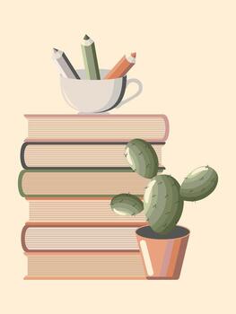 un apilar de libros con un en conserva cactus y lapices en un taza aislado en un suave rosado antecedentes para mundo libro día. vector