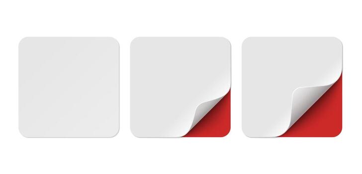 set of white paper square stickers with red corner isolated on background. Realistic square stickers curved with soft shadows. vector