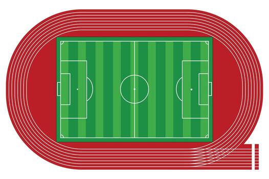Art of topdown view of a green soccer field with white lines and a red running track surrounding it vector