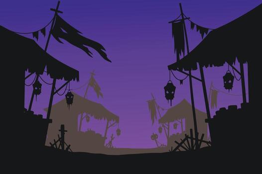 Art of silhouette of a spooky medieval village at dusk with tattered flags and hanging lanterns, creating an eerie atmosphere vector