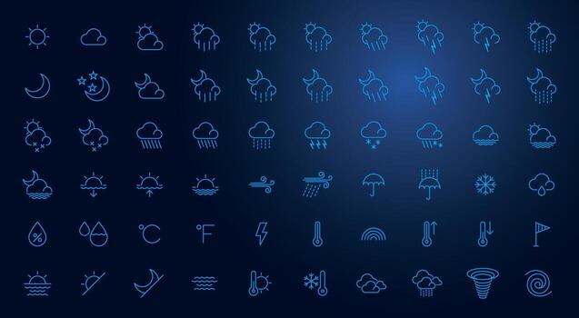 A set of 60 weather icons for easy use in all situations. Beautiful glowing blue tones. Can be customized as desired. vector