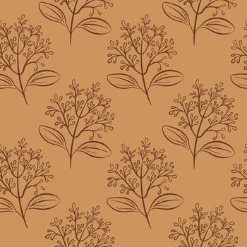 Seamless pattern with line art style cinnamon plant branch and leaf for spice herbal and botanical design themes. vector