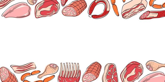 Border frame with various meat cuts, chicken, bacon in flat style. Ideal for butcher shop design, recipe book or background. vector