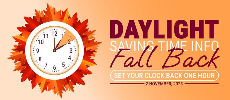 Fall Back. daylight saving time ends 2025 background or banner design template. Daylight Saving Time is Over. The clock turns back one hour on November vector
