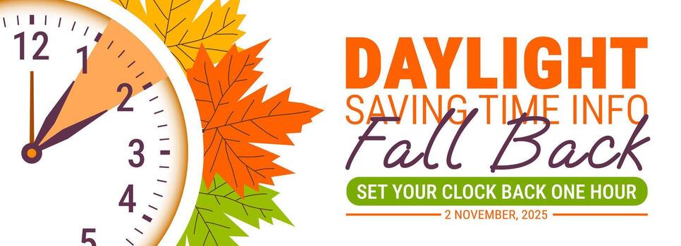 Fall Back. daylight saving time ends 2025 background or banner design template. Daylight Saving Time is Over. The clock turns back one hour on November 2, 2025. Fall back vector