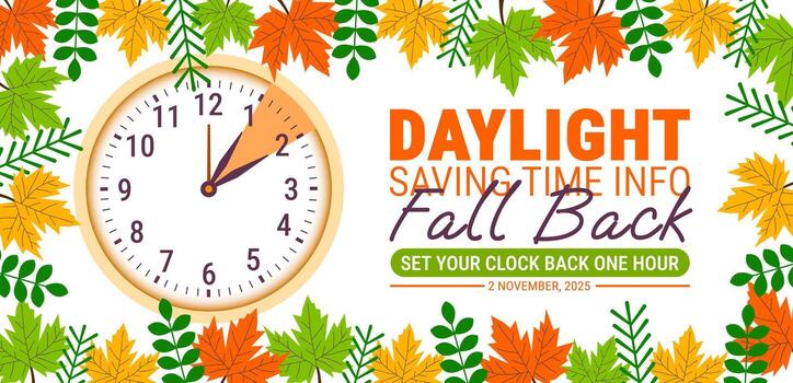 Fall Back. daylight saving time ends 2025 background or banner design template. Daylight Saving Time is Over. The clock turns back one hour on November 2, 2025. Fall back concept vector