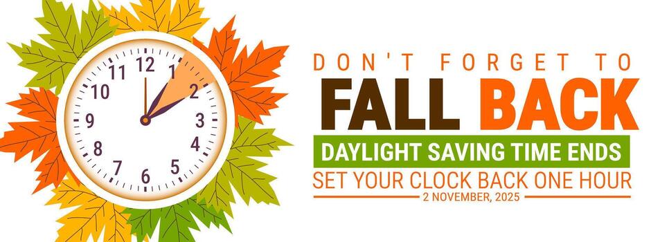 Fall Back. daylight saving time ends 2025 background or banner design template. Daylight Saving Time is Over. The clock turns back one hour on November 2 vector