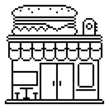 píxel Arte línea estilo rápido comida hamburguesa tienda con un sencillo negro y blanco mirar, un pequeño edificio forma con un grande hamburguesa tablero en él, adecuado para retro juego contornos o minimalista ilustraciones. vector