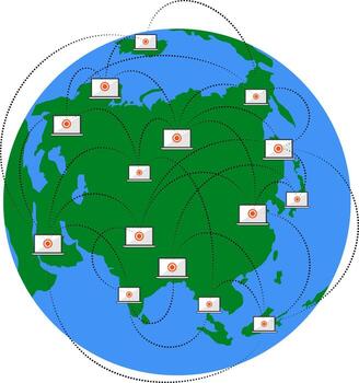 Infographic of blockchain technology with laptop computers on world map. Technology network security and crypto currency in the new economic. vector