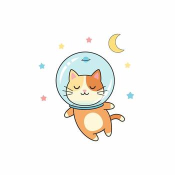 Astronaut Cat Floating in Space with Moon and Stars Illustration. vector