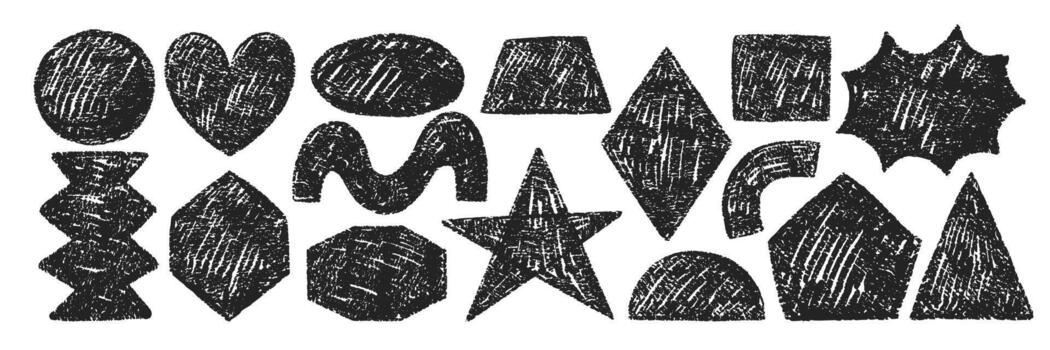 Set of geometric shapes with square, triangle, circle and star with crayon, pastel or chalk texture. Grunge illustration. vector