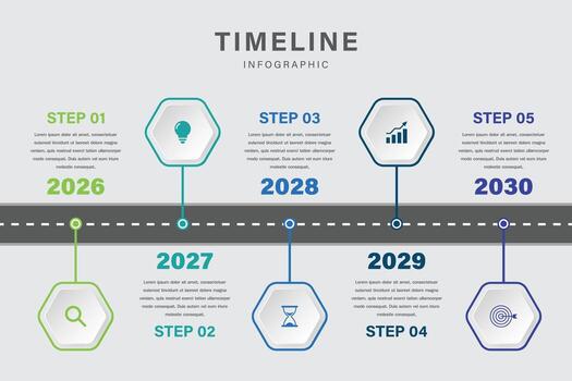 Horizontal Timeline Infographic with Icons and Steps from 2026 to 2030 vector