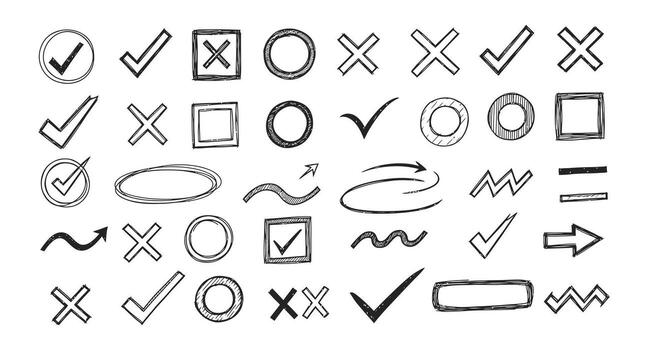 Hand drawn check marks x marks and shapes collection vector