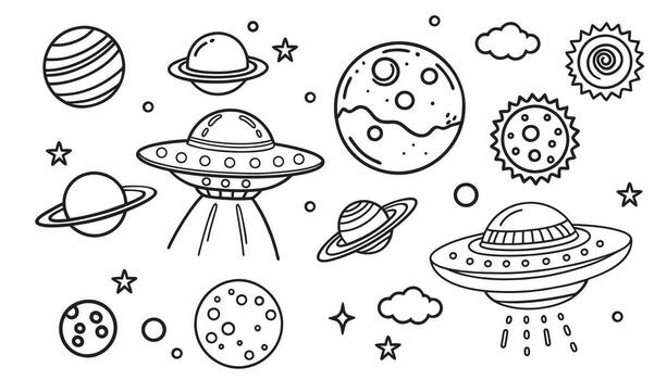 set of doodle space elements. UFO, planets, stars, comets, comets. vector
