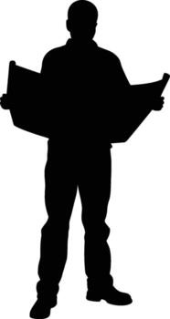 Man reading a large document or blueprint silhouette vector