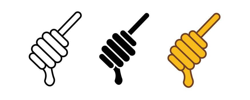 Honey dipper with dripping honey isolated on white background in three styles vector