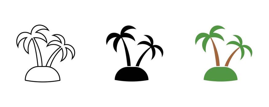 Palm trees on a tropical island isolated on white background in three styles vector