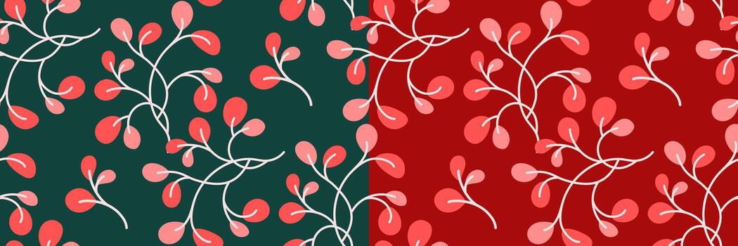 Rico sin costura modelo presentando otoño leña menuda con hojas en oscuro verde y rojo antecedentes. Perfecto para cuadernos, embalaje, tela, envase papel y estacional proyectos plano ilustración. vector