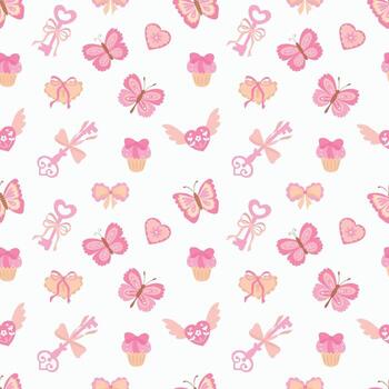 coqueta modelo. sin costura modelo con mariposas, llaves, pastelitos, y corazones. interminable texturas para tu diseño vector