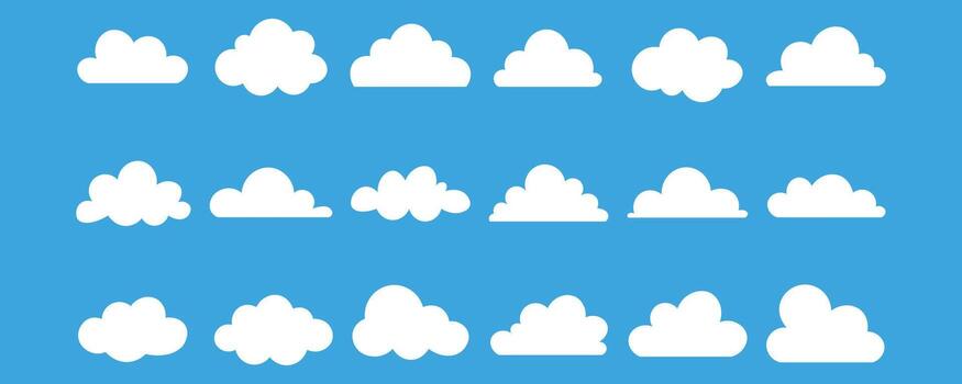 Set of fluffy white clouds isolated on blue background in flat design style vector