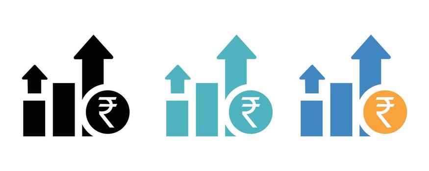 Rupee growth chart icon set showing financial growth isolated on white background vector