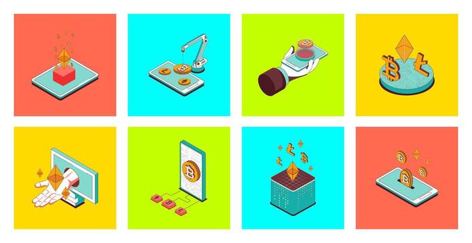 Illustrations of cryptocurrency concepts and transactions vector