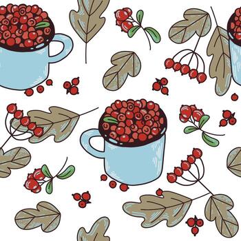Seamless pattern of autumn leaves, cranberries and rowan twigs. All objects are hand-drawn, the illustration is suitable for printing on fabric, paper, for kitchen textiles, packaging decor vector