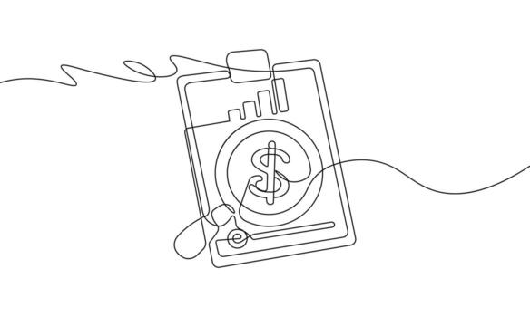 One Line Art Finance Report - Minimalist Continuous Line Drawing of Clipboard with Dollar Symbol and Graph vector