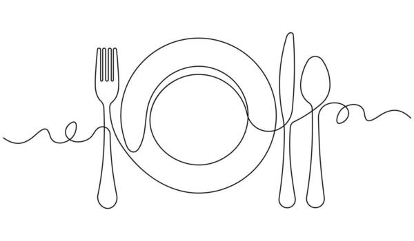 uno línea Arte comida conjunto - minimalista continuo línea dibujo de lámina, tenedor, y cuchara vector