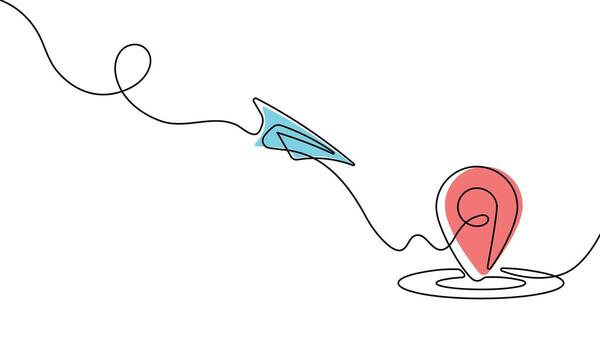 One Line Art Paper Plane with Location Pin - Minimalist Continuous Line Drawing for Travel, Navigation, and Delivery Concept vector