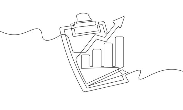 One Line Art Business Growth Chart - Minimalist Continuous Line Drawing of Rising Graph on Clipboard vector
