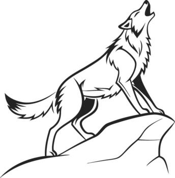 Stylized drawing of a wolf howling while standing on a rock with a black and white color scheme vector