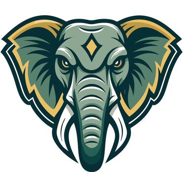 Illustration of an elephant head with large ears and tusks in a stylized emblem design format vector