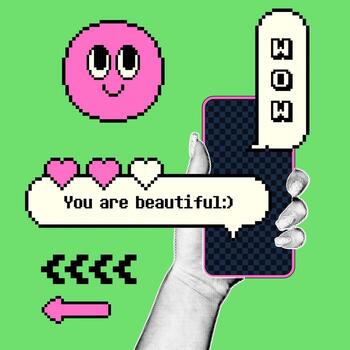 Hand displays smartphone with a pink bezel and dark checkered screen surrounded by pixel art. Elements represent communication and feelings in a bold retro style. vector