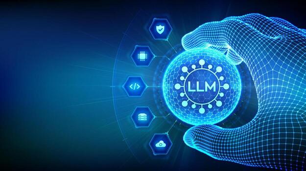 A hand holding a glowing LLM sphere vector