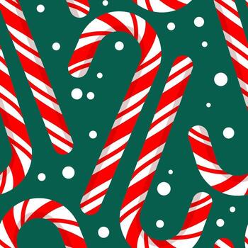 Seamless pattern of Christmas red and white sugar canes with snow on a green background vector