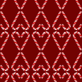 Seamless pattern of Christmas red and white striped sugar cane heart shaped checkerboard pattern on red background vector