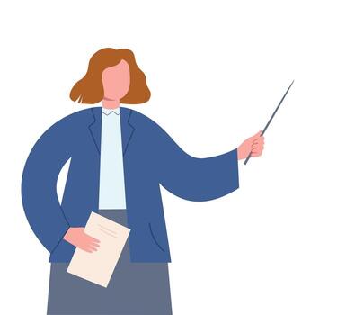 A teacher with a pointer in her hand. A woman in a suit gives a presentation. flat graphics. vector