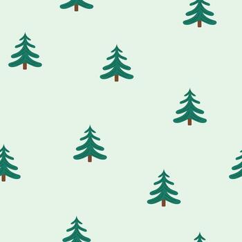 Seamless pattern with simple pine trees on light green background. Evergreen forest design for Christmas, New Year, wrapping paper, textile and decoration. Flat illustration. vector